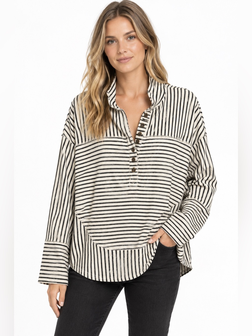 Anthropologie- Black & White V-Neck Striped Button-Placket Pullover